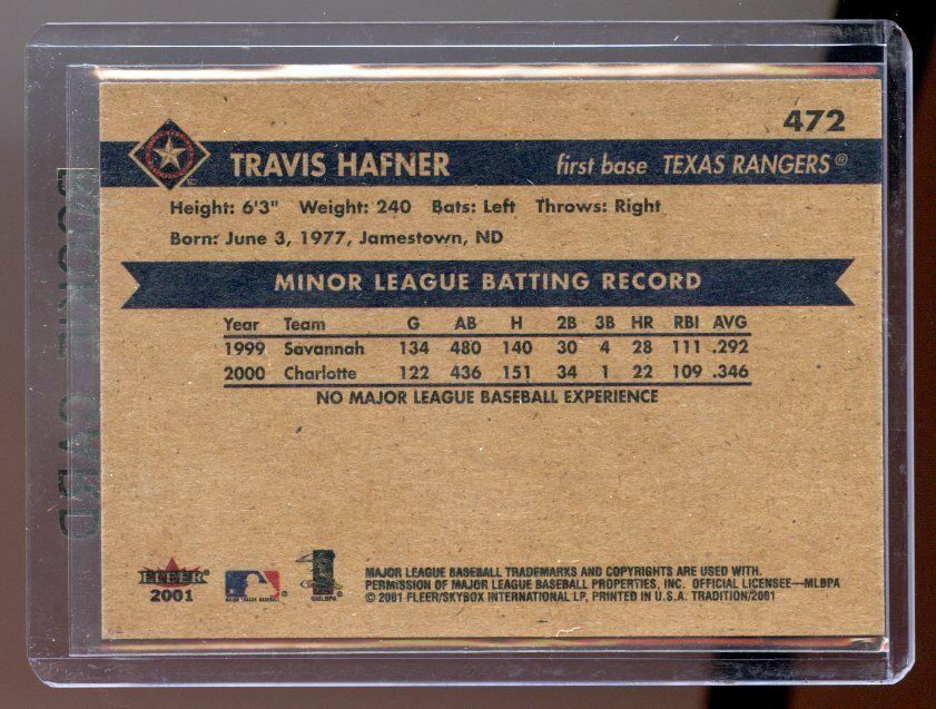 2001 Fleer Tradition #472 Travis Hafner Rangers RC Rookie Card Image 2