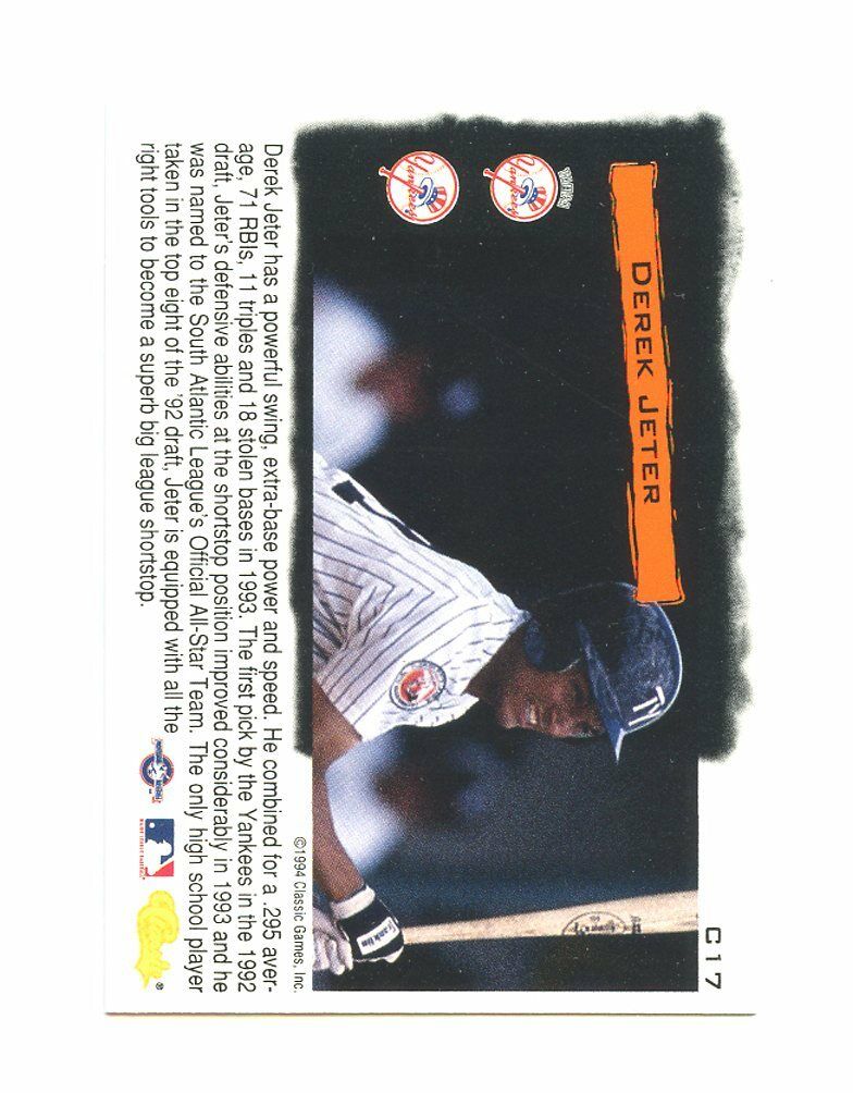 1994 Classic Minor League Cream of the Crop #C17 Derek Jeter Rookie Card Image 2