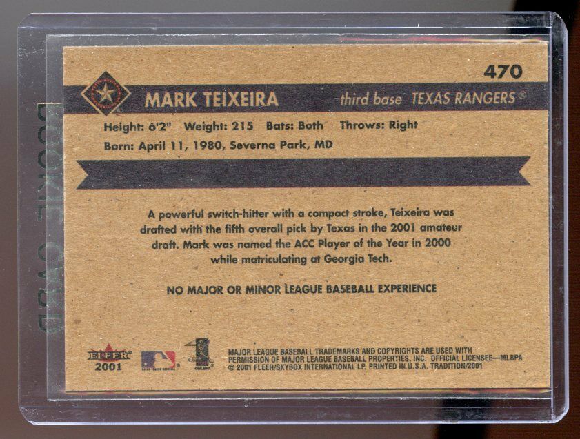 2001 Fleer Tradition #470 Mark Teixeira Rangers RC Rookie Card Image 2