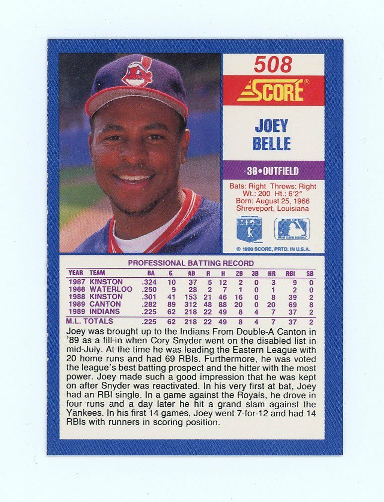 1990 Score #508 Joey Belle Cleveland Indians Rookie Card Image 2