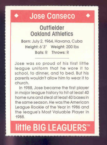 1990 Little Big Leaguers Jose Canseco Athletics Little League Photo Image 2