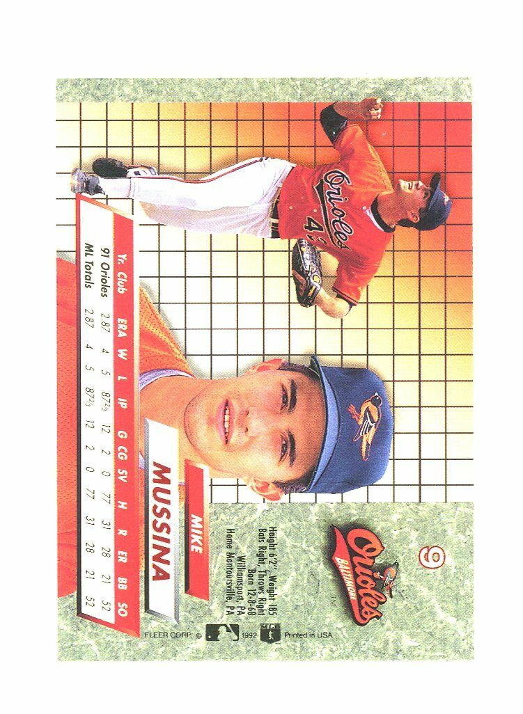 1992 Ultra #9 Mike Mussina Baltimore Orioles Rookie Card Image 2