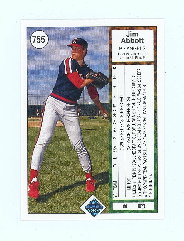 1989 Upper Deck #755 Jim Abbott One Arm Atlanta Braves Rookie Card Image 2