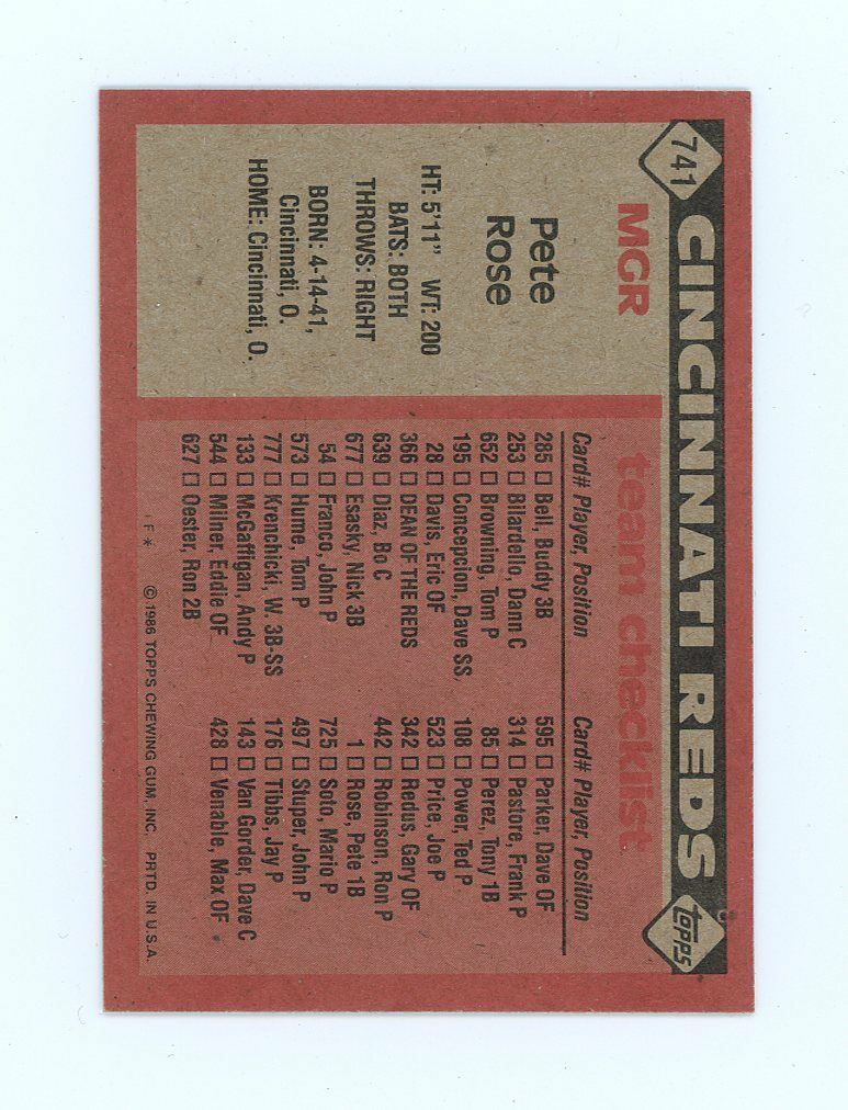 1986 Topps #741 Pete Rose Cincinnati Reds 1st Manager Card Image 2