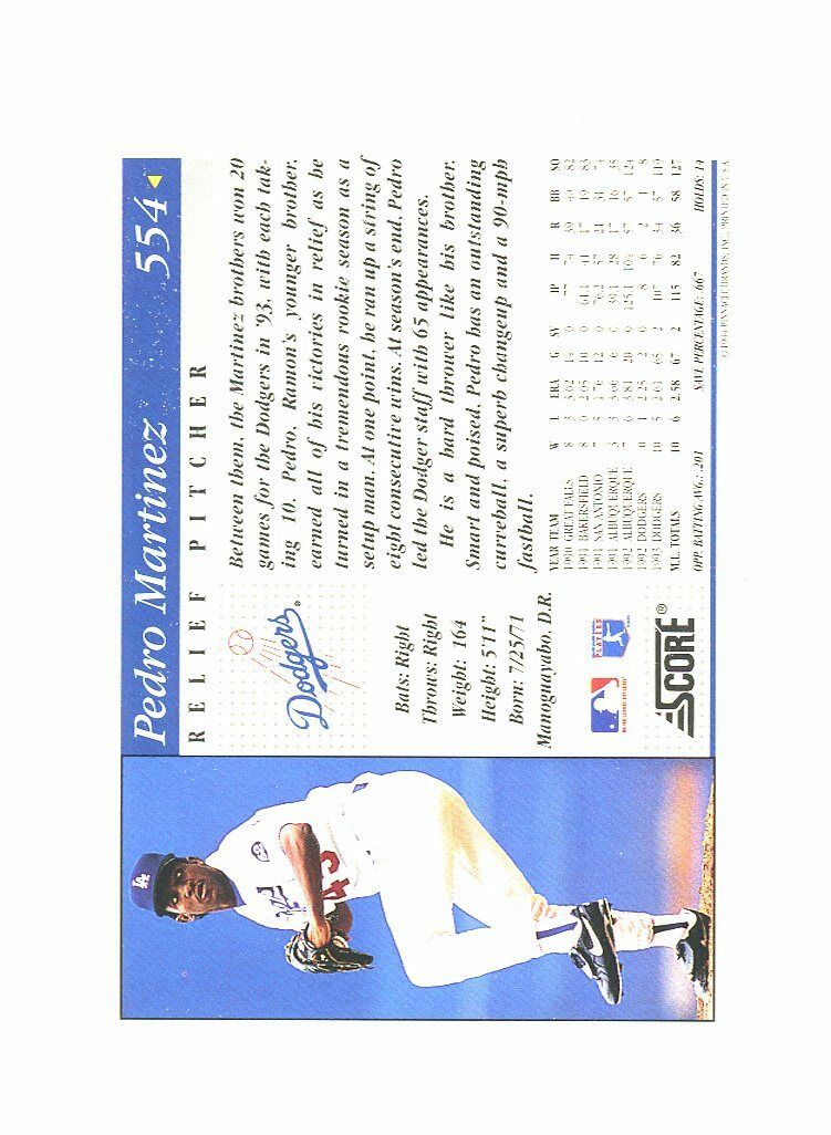 1994 Score #554 Pedro Martinez Dodgers Rookie Card Image 2