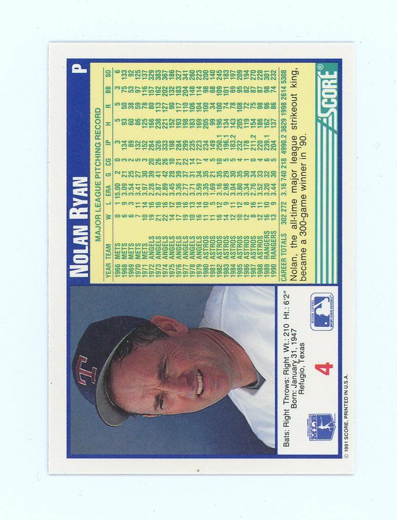 1991 Score #4 Nolan Ryan Throwing a Fastball Texas Rangers Card Image 2