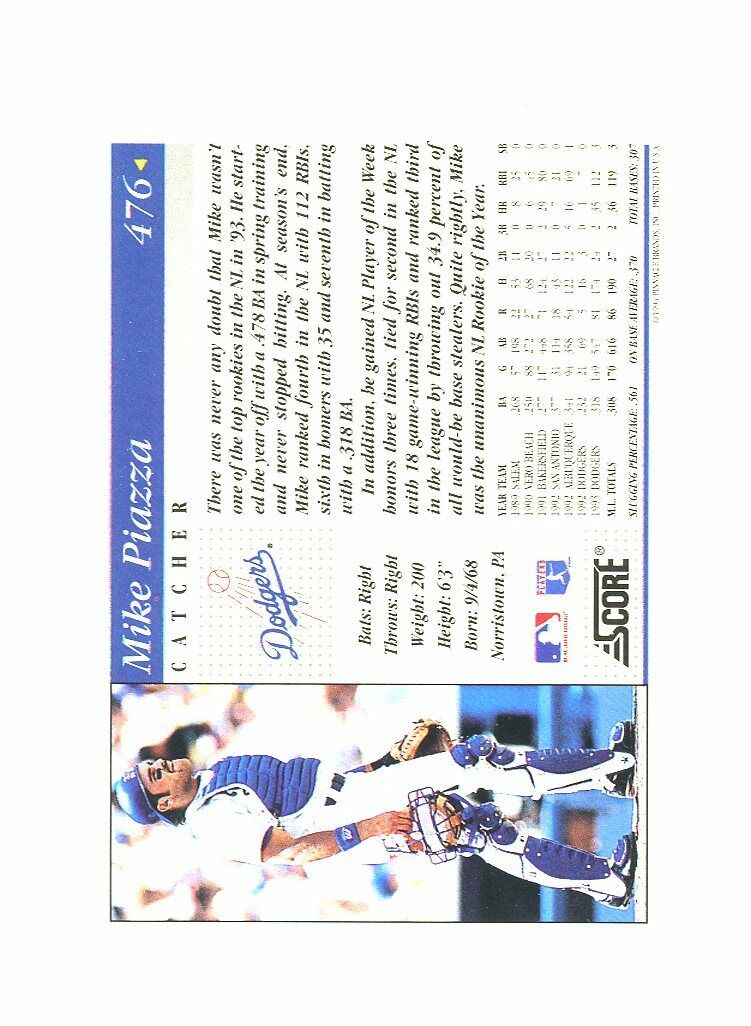 1994 Score #476 Mike Piazza Dodgers Rookie Card Image 2