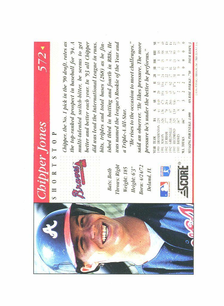 1994 Score #572 Chipper Jones Braves Rookie Card Image 2