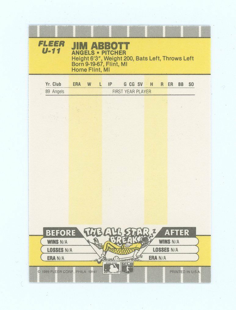 1989 Fleer Update #U11 Jim Abbott One Hand Angles Rookie Card Image 2