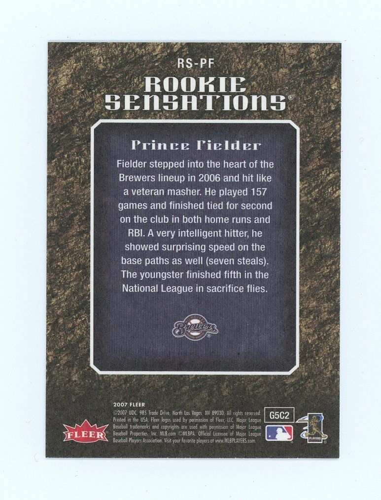 2007 Fleer Rookie Sensations #RSPF Prince Fielder Brewers Rookie Card Image 2