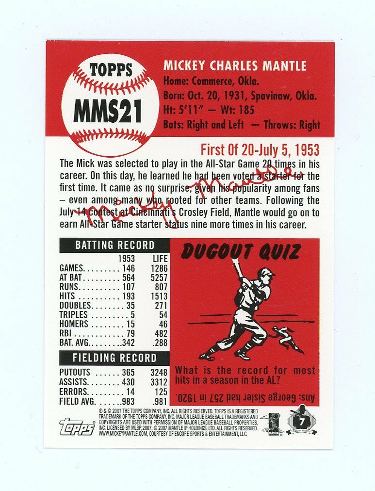 2007 Topps Mickey Mantle Story #MMS21 Yankees First of 20 Card Image 2