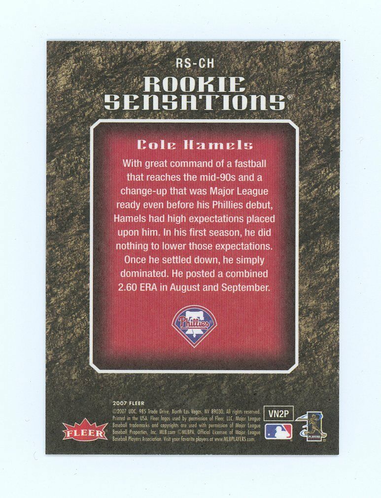 2007 Fleer Rookie Sensations #RSCH Cole Hamels Phillies Rookie Card Image 2