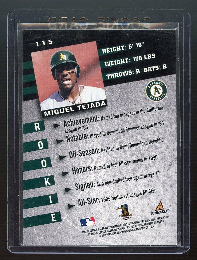 1998 Pinnacle Inside #115 Miguel Tejada A's Rookie Card Image 2