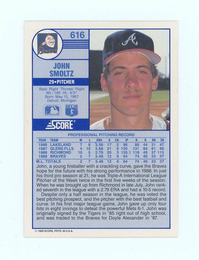 1989 Score #616 John Smoltz Atlanta Braves Rookie Card Image 2