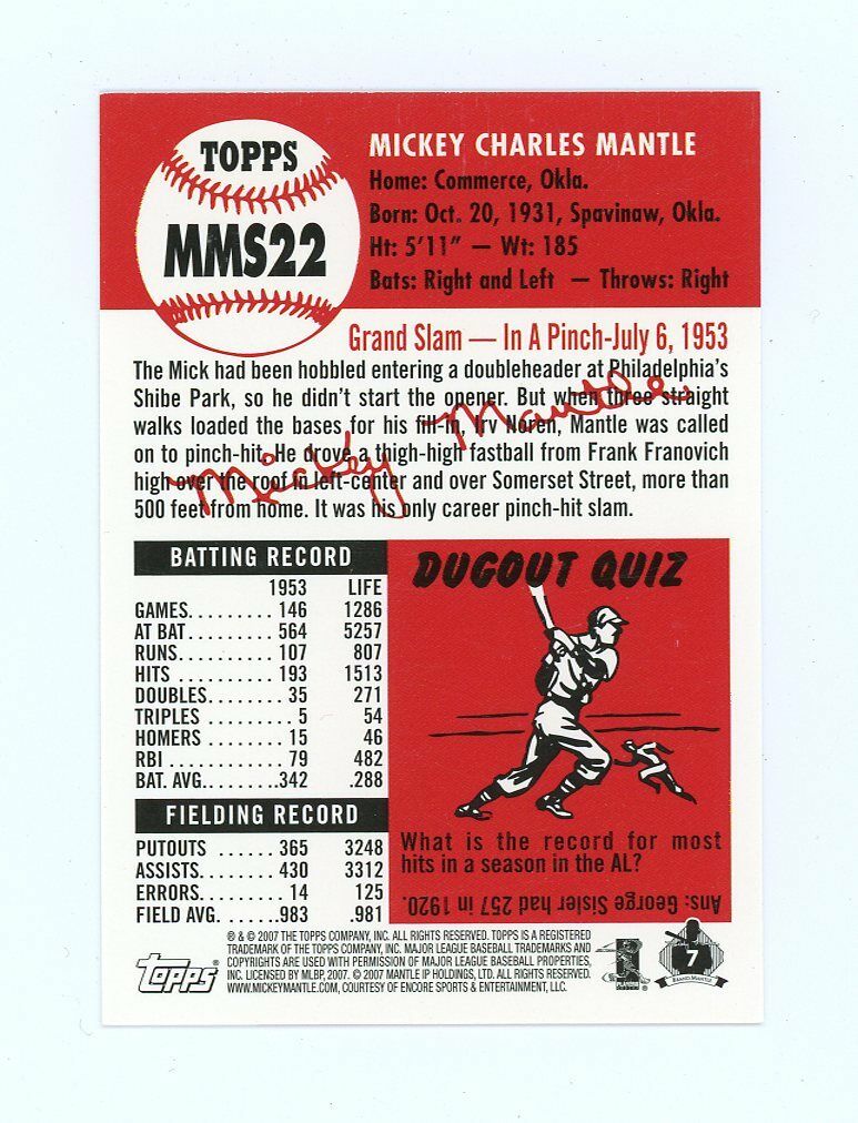 2007 Topps Mickey Mantle Story #MMS22 Yankees Grand Slam Card Image 2