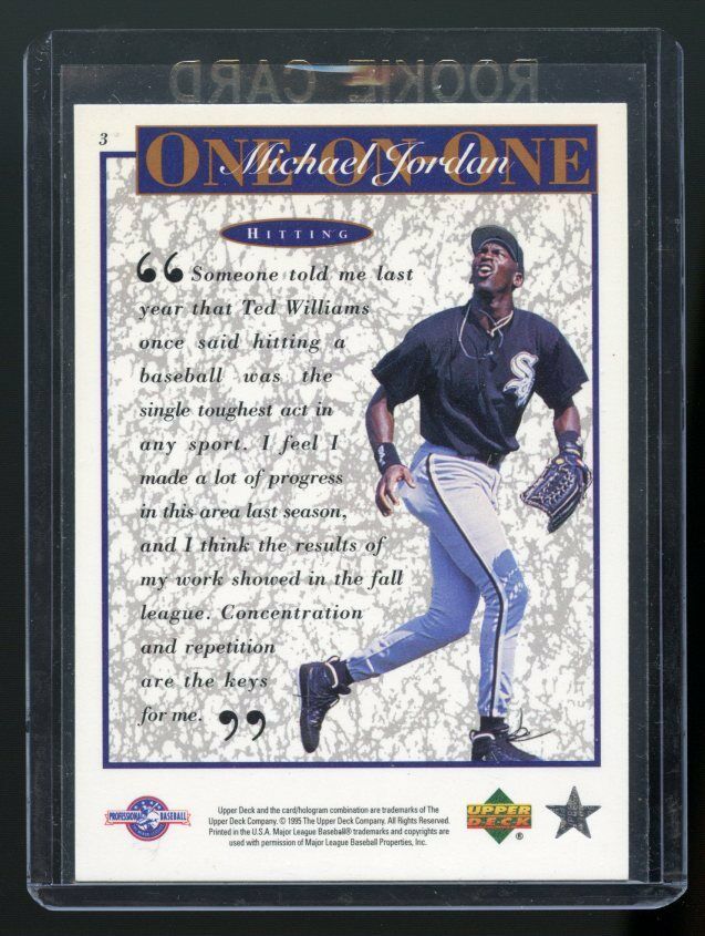 1995 Upper Deck #3 One on One Michael Jordan Hitting Baseball Rookie Card Image 2