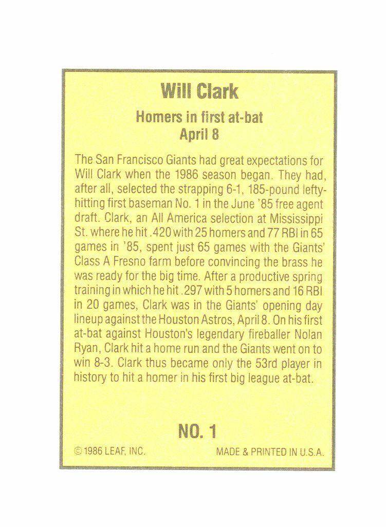 1986 Donruss Highlights #1 Will Clark Giants Rookie Card Image 2