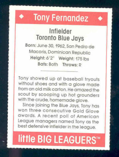 1990 Little Big Leaguers Tony Fernandez Blue Jays Little League Photo Image 2