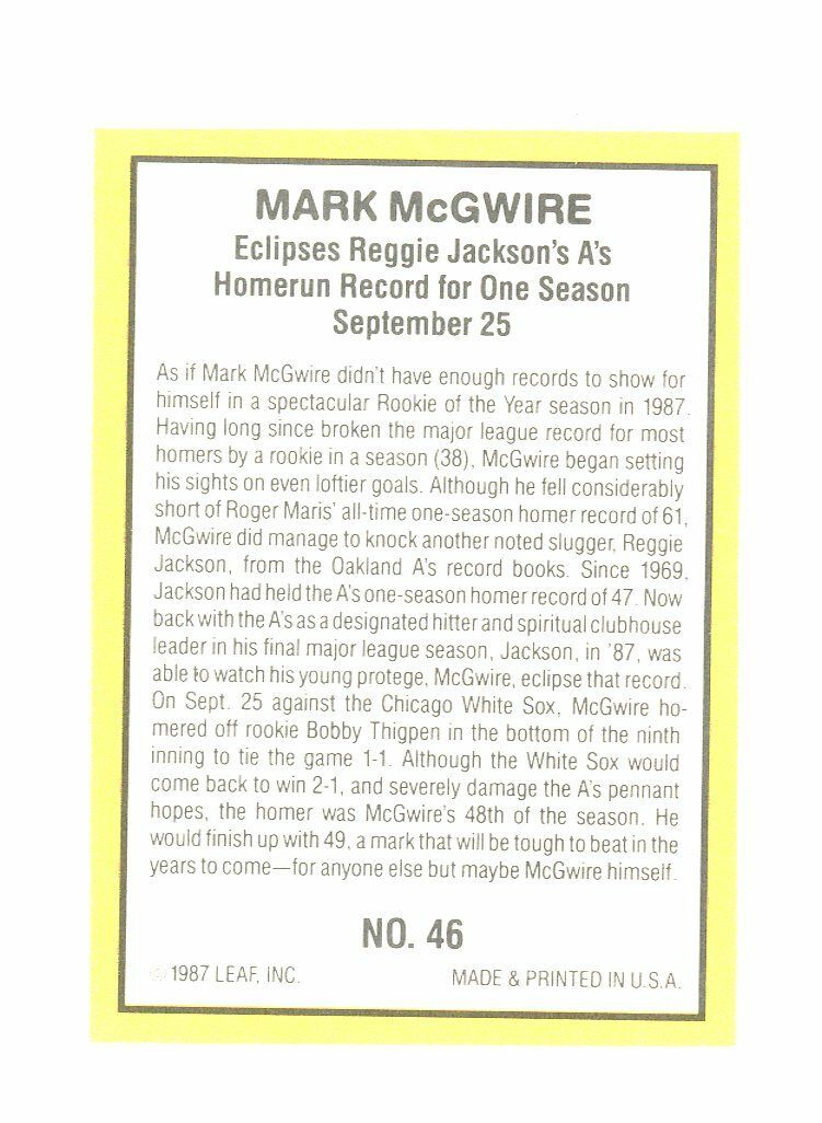 1987 Donruss Highlights #46 Mark McGwire Oakland A's Rookie Card Image 2