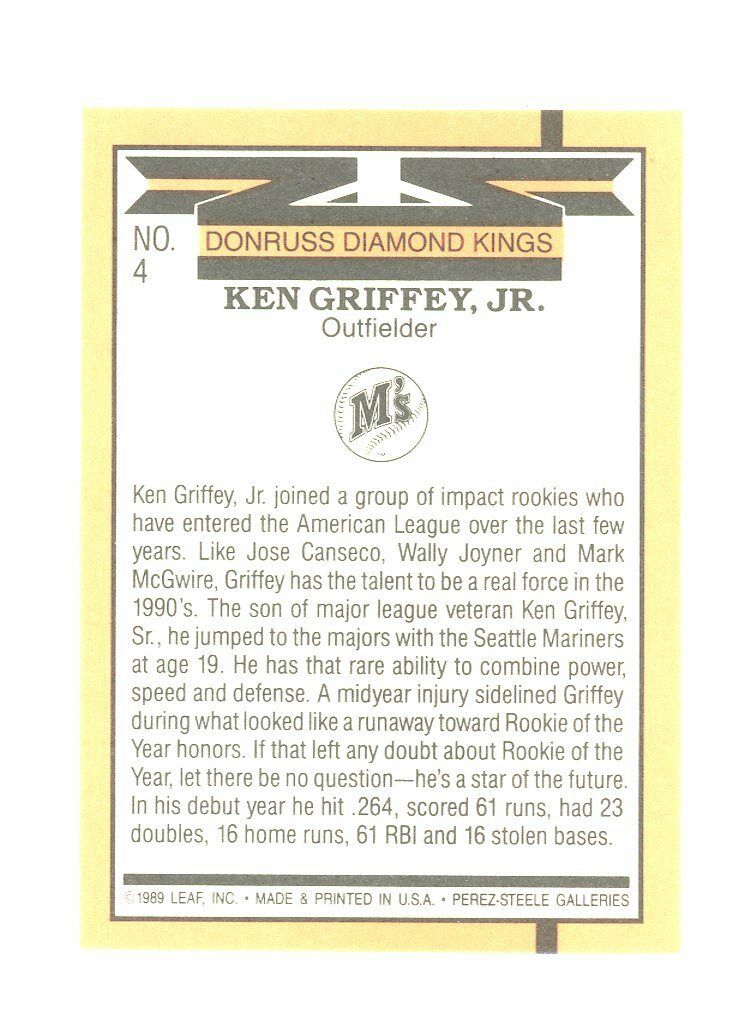 1990 Donruss Diamond Kings #4 Ken Griffey Jr. Mariners 2nd Year Card Image 2