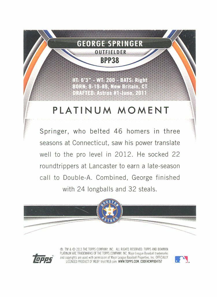 2013 Bowman Platinum #BPP38 George Springer Astros Rookie Card Image 2