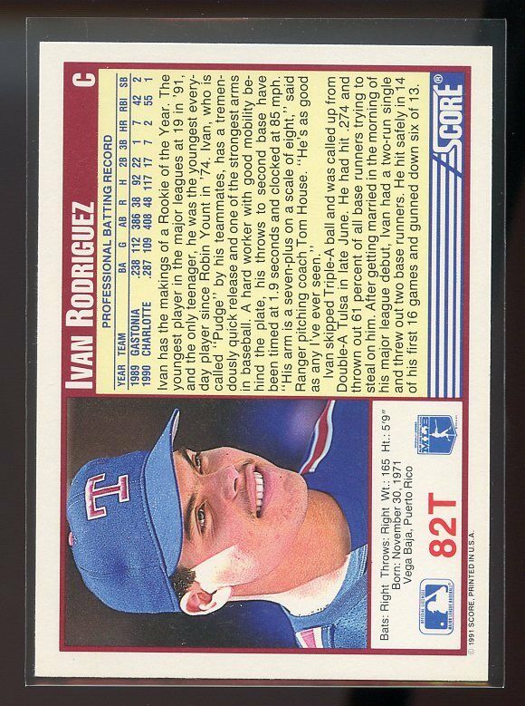 1991 score rookie/traded #82t IVAN RODRIGUEZ texas rangers ROOKIE card Image 2