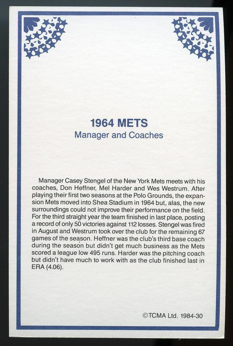 1984 TCMA Greats #30 1964 Mets Coaches Managers Collectible Player 4x6 Card  Image 2