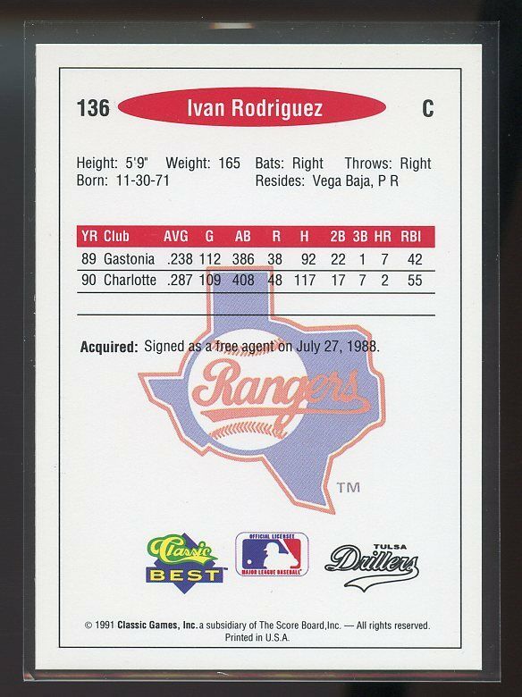 1991 classic/best #136 IVAN RODRIGUEZ texas rangers minor league ROOKIE card Image 2