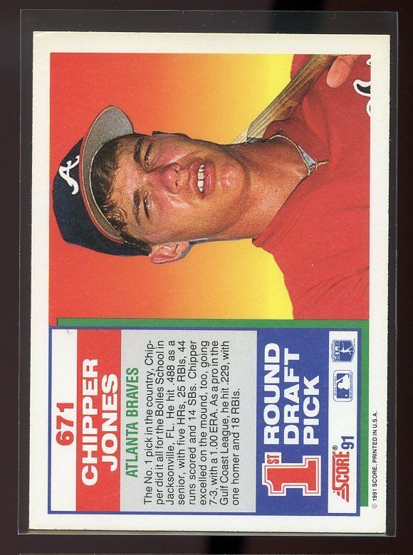 1991 score #671 CHIPPER JONES atlanta braves ROOKIE card Image 2