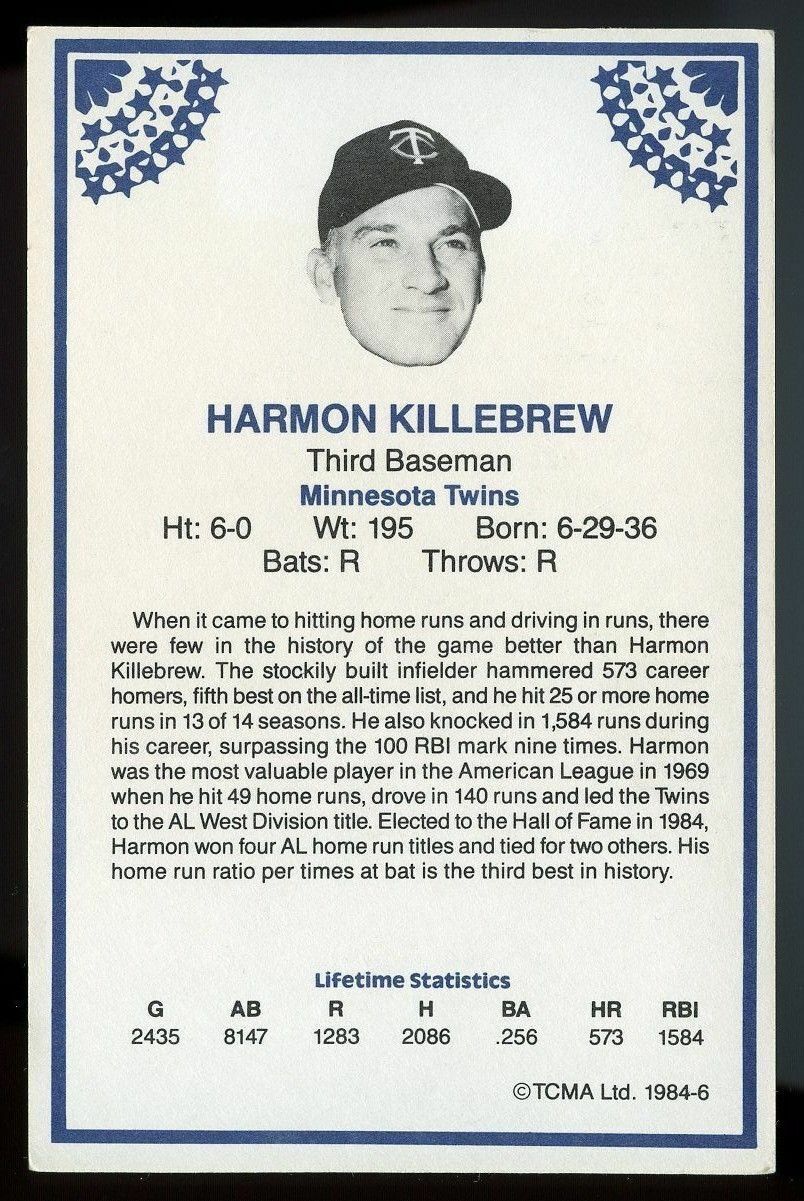 1984 TCMA Greats #6 Harmon Killebrew Tws Collectible Over Sized 4x6 Card  Image 2