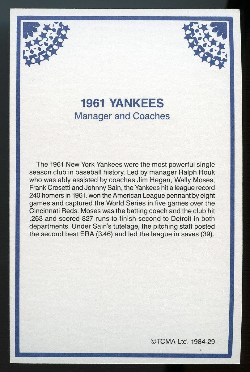 1984 TCMA Greats #29 1961 Yankees Managers Collectible Player 4x6 Card  Image 2