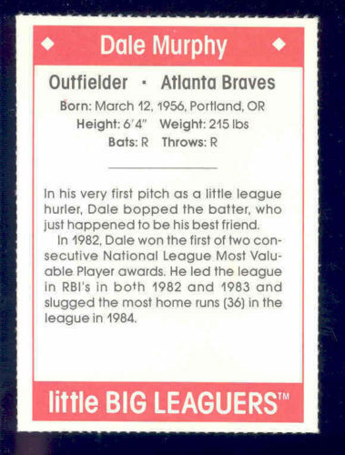 1990 Little Big Leaguers Dale Murphy Braves Little League Photo Image 2