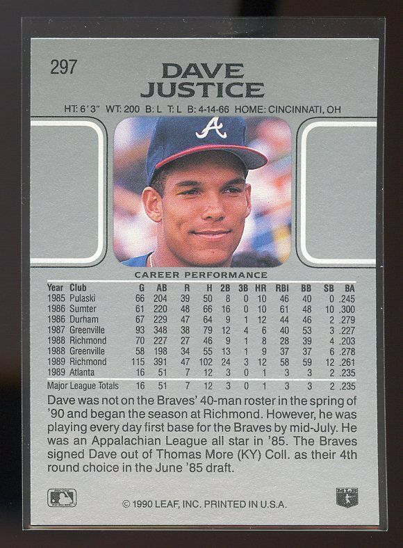 1990 leaf #297 DAVE JUSTICE atlanta braves ROOKIE card Image 2