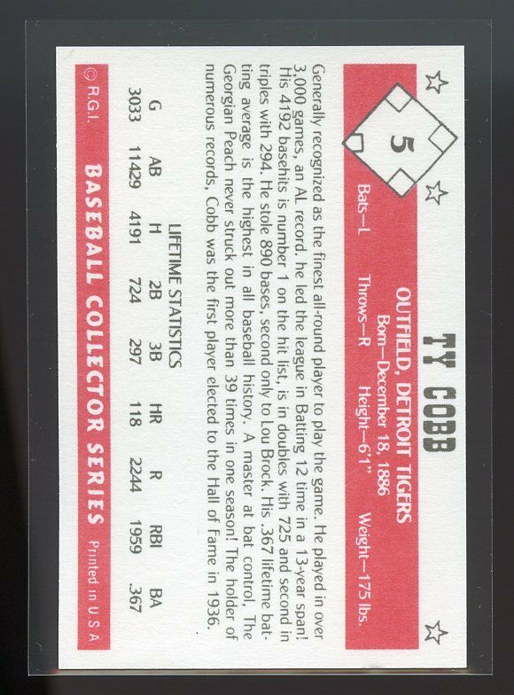 1984 Gallaso Baseball Collector Series #5 Ty Cobb Detroit Tigers Image 2