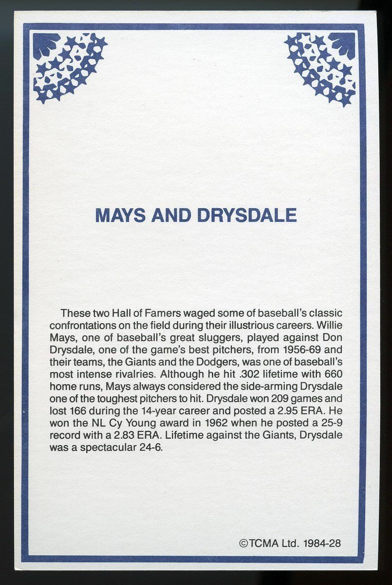 1984 TCMA Greats #28 Willie Mays Don Drysdale Collectible Player 4x6 Card  Image 2