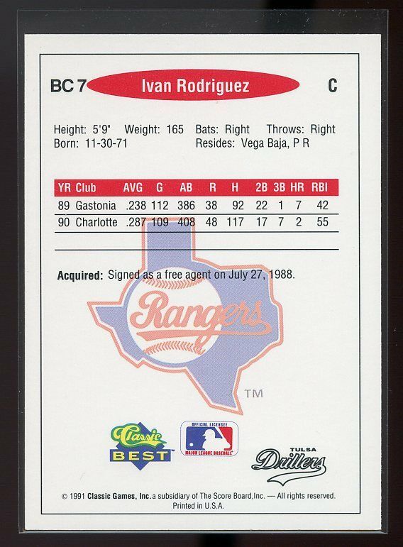 1991 classic/best gold bonus #bc7 IVAN RODRIGUEZ rangers minor league ROOKIE Image 2