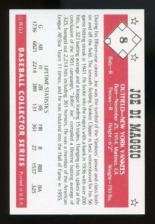 1984 Gallaso Baseball Collector Series #8 Joe DiMaggio New York Yankees Image 2