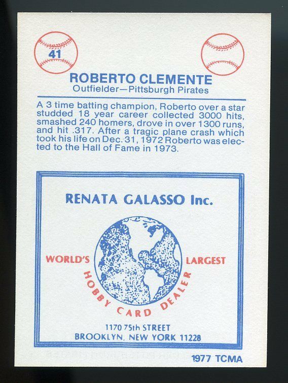 1977 TCMA Renata Galasso #41 Roberto Clemente Pittsburgh Pirates Image 2