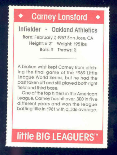 1990 Little Big Leaguers Carney Lansford Athletics Little League Photo Image 2