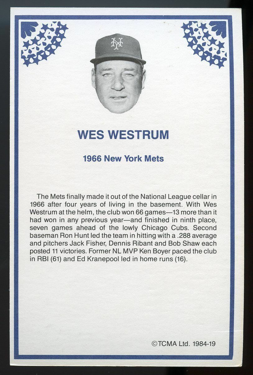 1984 TCMA Greats #19 Wes Westrum /1966 Mets Team Big 4x6 Card  Image 2