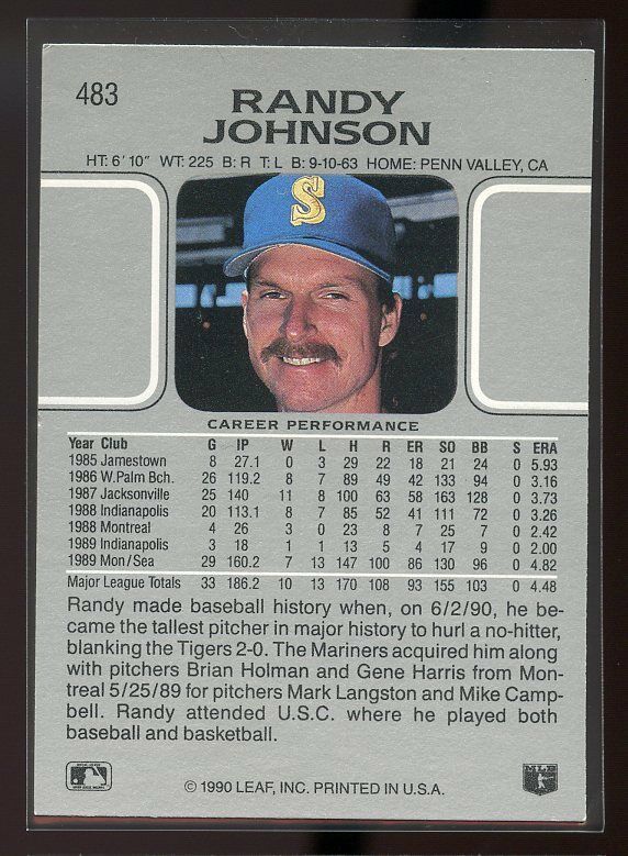 1990 leaf #483 RANDY JOHNSON seattle mariners Image 2