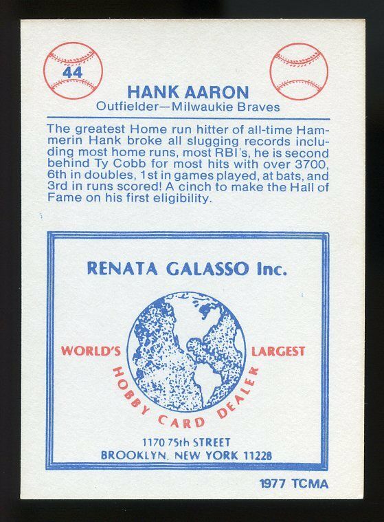 1977 TCMA Renata Galasso #44 Hank Aaron Milwaukee Braves Image 2