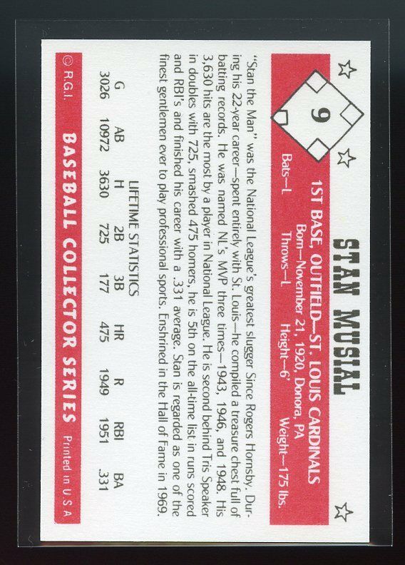 1984 Gallaso Baseball Collector Series #9 Stan Musial St. Louis Cardinals Image 2