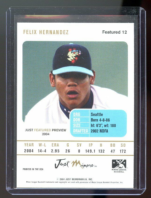 2004 Just Minors Featured Rookie #12 Felix Hernandez Everett Aquasox Mariners Image 2