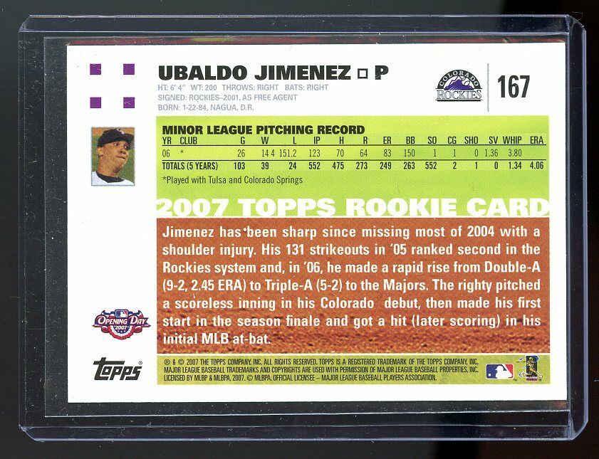 2007 Topps Opening Day #167 Ubaldo Jimenez Colorado Rockies Rookie Card Image 2