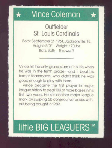 1991 More Little Big Leaguers Vince Coleman Cardinals Little League Photo Image 2