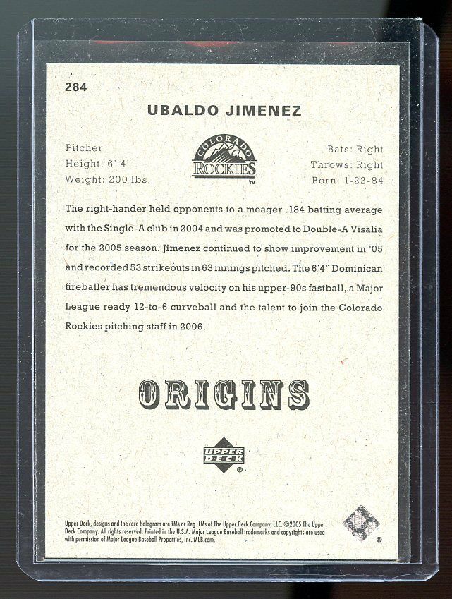 2005 Upper Deck Origins Young Stars #284 Ubaldo Jimenez Colorado Rockies RC Image 2