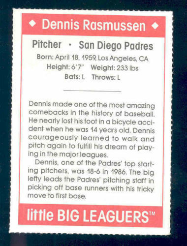 1990 Little Big Leaguers Dennis Rasmussen Padres Little League Photo Image 2