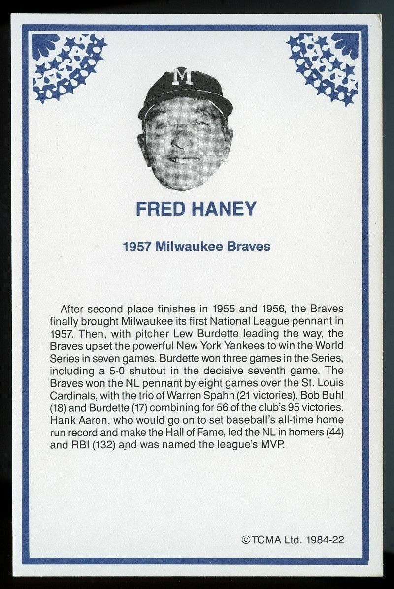 1984 TCMA Greats #22 Fred Haney /1957 Braves Team Player 4x6 Card  Image 2