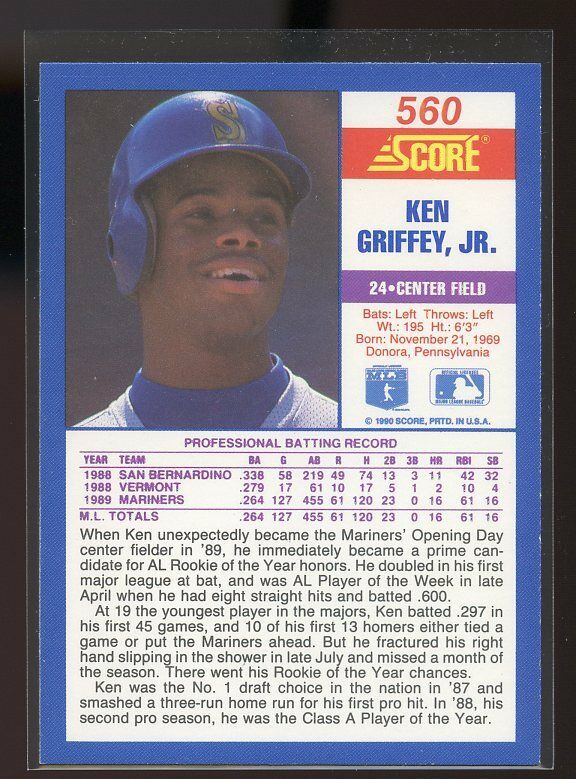 1990 score #560 KEN GRIFFEY JR seattle mariners Image 2